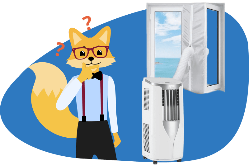 Der Smart-Home-Fox steht vor einer mobilen Klimaanlage und der Abluftschlauch ist über eine Fensterabdichtung abgeführt.
